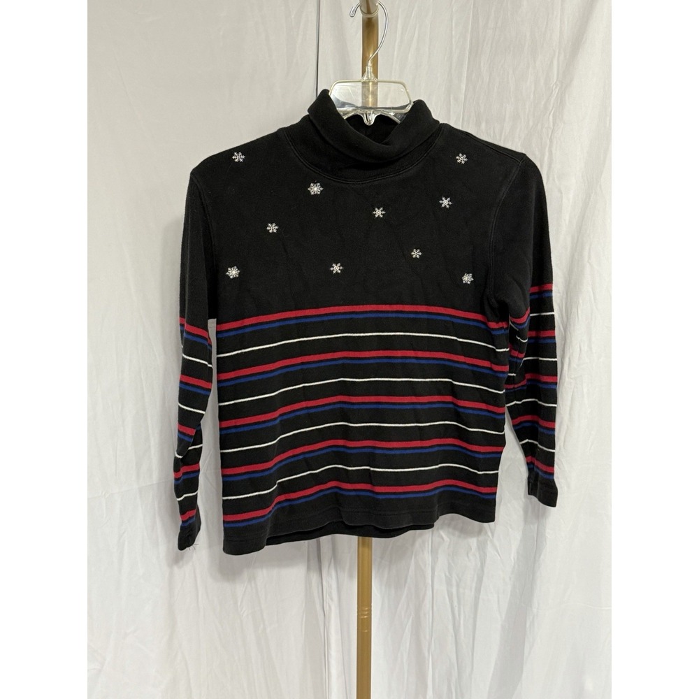 Talbots Women's Turtleneck Sweater Small Petite Black White, Red, Blue Stripes